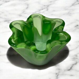 Vintage Sasaki Green & White Cased Glass Petal Ashtray Dish